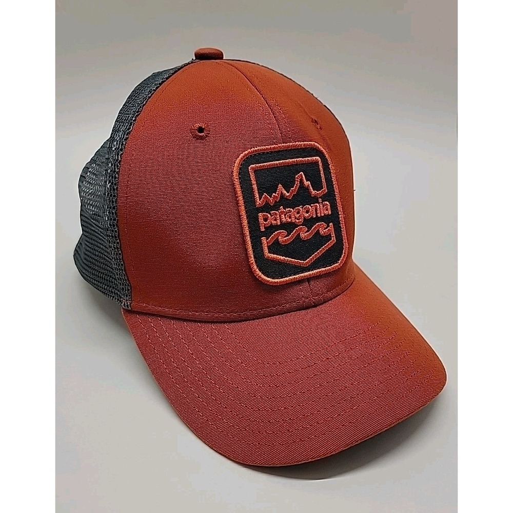 PATAGONIA Trucker Hat Fall 2017 Logo Crashing Waves Rust Orange‎ Snap Back EUC